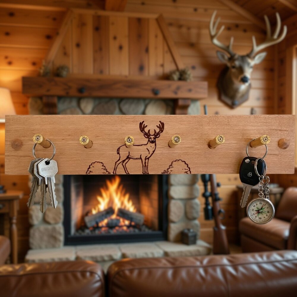 Handmade Buck Deer Key Holder  Maple Wood + Polished .223 Casings | Hunter’s Den